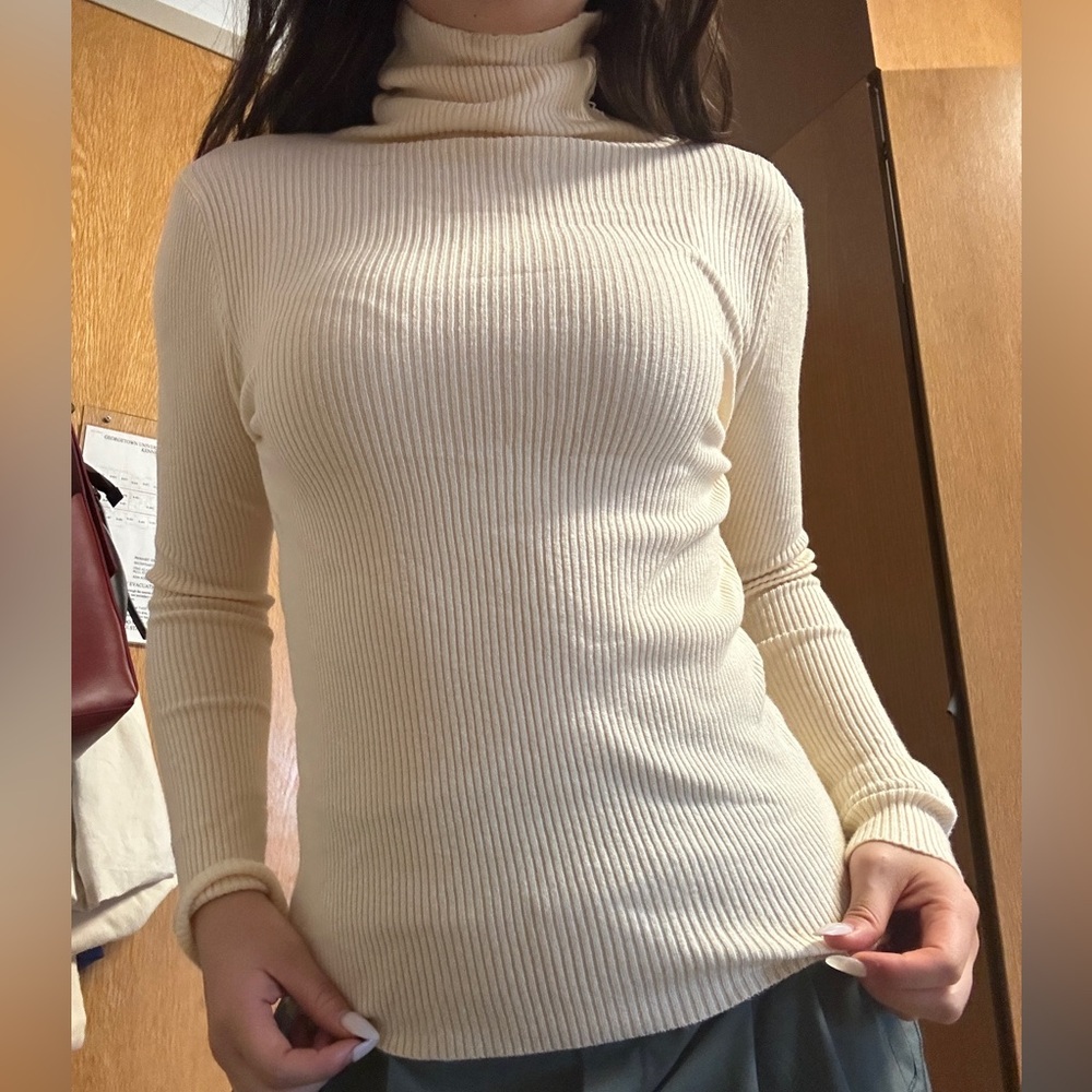 Ribbed Long Sleeve Knit Turtleneck — Cream